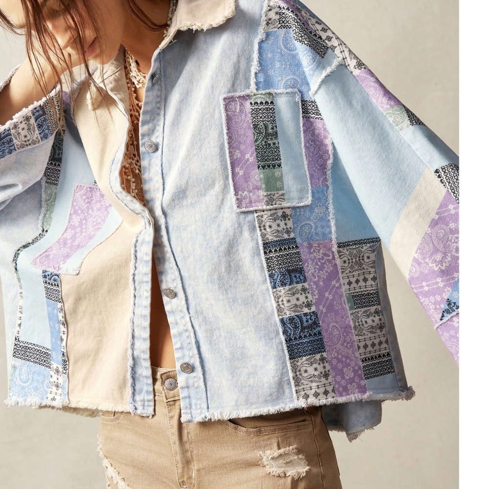 Boho Colorful patchwork Frayed Detail Oversized Top - Picture 6 of 7